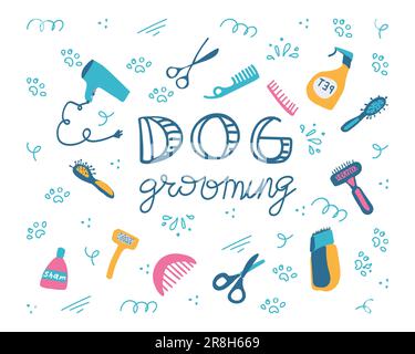 Hundepflege. Beschriftung für Website, Banner, Flyer. Tierhaarschnitt im Cartoon-Stil. Pflegeprodukte, Shampoos, Drahtschneider, Kämme, Scheren. Vektor. Landing-Page isoliert auf weißem Hintergrund Stock Vektor