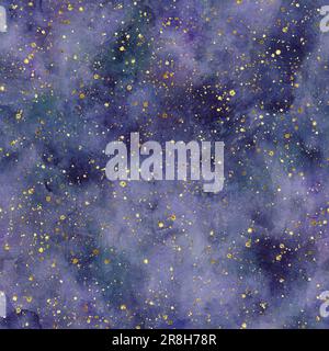 Abstrakter Indigo-Weltraum mit nächtlichem Sternenhimmel. Wasserfarben handgezeichnete marineblaue Flecken und goldene Spritzer Elemente nahtloses Muster. Pr Stockfoto