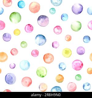 Abstrakter, wasserfarbener Geburtstagsfeier-Hintergrund. Handgezeichnete mehrfarbige geometrische Formen kreisen nahtlose Muster. Aquarelle mehrfarbige Textur. Drucken Stockfoto