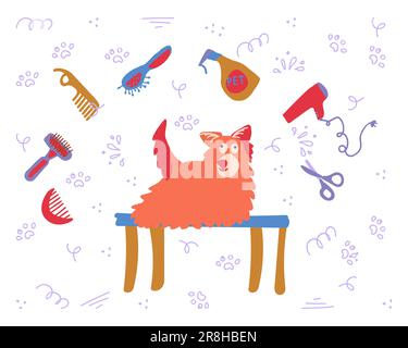 Produkte für Hunde- und Haustierpflege. Kämme, Bürsten, Scheren, Haartrockner, Fürzmaschine, Slicker, Mattenschneider, Besatz, Haarschneider. Farbvektordarstellung im flachen Cartoon-Stil. Stock Vektor