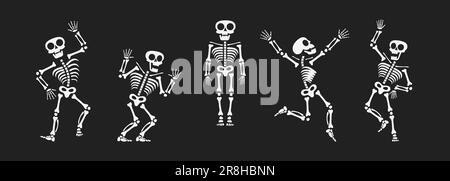 Skeletons dancing with different positions flat style design vector illustration set. Funny dancing Halloween or Day of the dead skeletons collection. Stock Vektor
