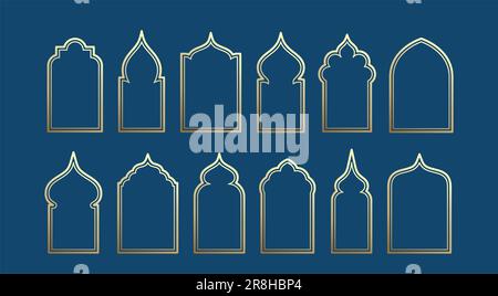 Sammlung islamisch-goldener Fensterrahmen mit Illustrationen. In arabischer Architektur gestaltete geometrische Bogentüren bilden Silhouetten. Die Tore der Ramadan-Karäm-Moschee Stock Vektor