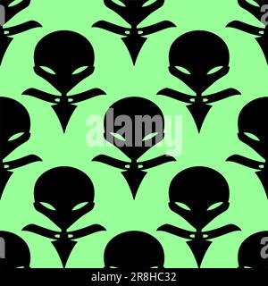 Nahtlose Muster für schwarze Aliens auf grünem Hintergrund, Textur und Design Stockfoto