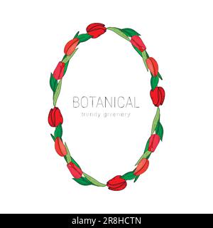 Handgezeichneter Vektorrahmen mit roten Blumen, Tulpen, Zweig und Blättern. Elegante Logo-Vorlage. Stock Vektor
