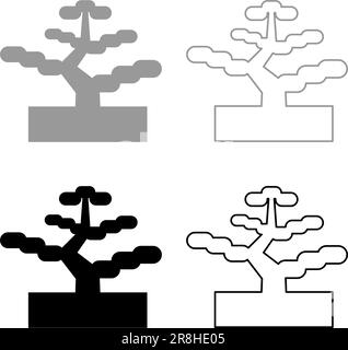 Bonsai Kiefer Garten Konzept Pflanzen Japanisch Set Symbol grau schwarz Vektor Illustration Bild Einfache Füllung Konturlinie dünn flach flach Stock Vektor