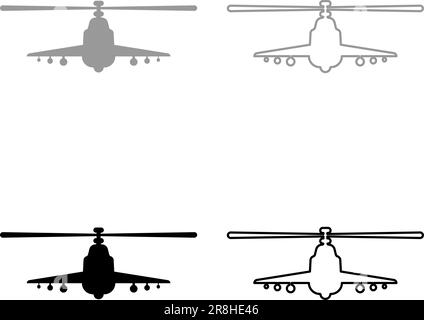 Kampfhubschrauber Angriff Militärkonzept Ansicht Vorderseite Set Symbol grau schwarz Vektor Illustration Bild Einfache Füllung Konturlinie dünn Stock Vektor