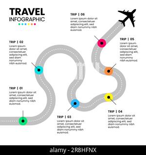 Infografik-Vorlage mit Symbolen und 6 Optionen oder Schritten. Reisekonzept. Kann für Workflow-Layout, Diagramm, Banner, webdesign verwendet werden. Vector Illustrati Stock Vektor