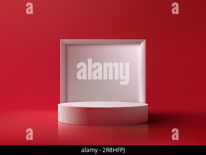 3D realistischer, leerer Podium-Standfuß mit quadratischem Kastenhintergrund auf rotem Hintergrund. Sie können für Produktpräsentationen und kosmetische Verschiebungen verwenden Stock Vektor