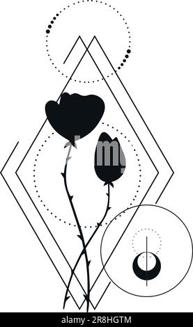 Abstrakte botanische Tätowierung mit geometrischen Elementen auf weißem Hintergrund. Einfarbige Blumentätowierung mit Blumenumriss. Vektordarstellung Stock Vektor