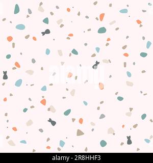 Terrazzo-Bodenvektor nahtloses Muster in dunklen Farben. Niedliches Steinmuster mit Katzensilhouette. Stock Vektor
