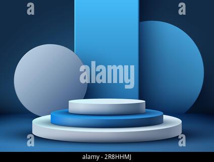 3D realistische, leere, blaue und weiße Podium-Stufen stehen mit blauem, kreisförmigem Hintergrund, minimale Wandszene auf dunkelblauem Hintergrund. Für Produktanzeige vor verwenden Stock Vektor