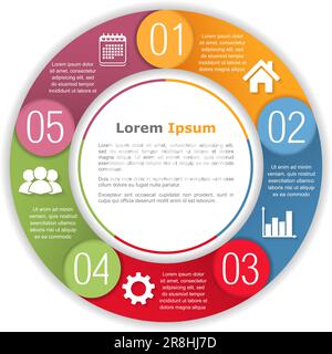 Infografiken mit fünf Elementen, Schritten oder Optionen, Prozessdiagramm, Round-Chart-Vorlage, Vektor-EPS10-Abbildung Stock Vektor