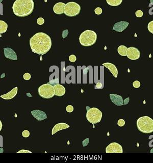 Frische Limettenscheiben mit grünen Minzblättern auf schwarzem Hintergrund. Nahtloses Muster für Kinder und Zimmerdekor, Textil, Aufdruck. Botanisches Aquarell Stockfoto