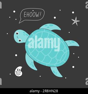 Poster mit süßer Meeresschildkröte und Muscheln. Stock Vektor