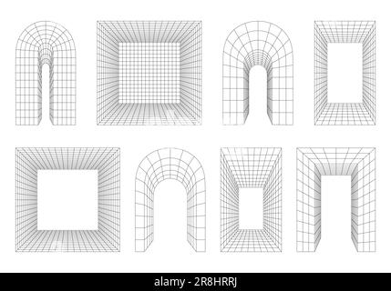 Drahtmodell 3D Bogen, Bogen, Portal, Anschnitt. Perspektivisch abgerundete und rechteckige Formen, verzerrtes Gitter, 3D Technology Mesh. Abstrakter Architekturbogen. Fertig Stock Vektor