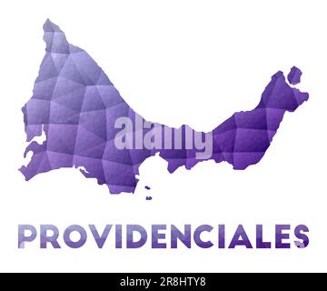 Karte der Providenciales. Niedrige Poly-Darstellung der Insel. Lilafarbenes geometrisches Design. Darstellung des polygonalen Vektors. Stock Vektor