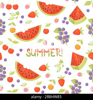 Nahtloses Sommermuster mit Beeren. Waldbluebeeren, Himbeeren, Erdbeeren, Kirschen, Stachelbeeren mit Wassermelonenstücken auf weißem Hintergrund. Vecto Stock Vektor