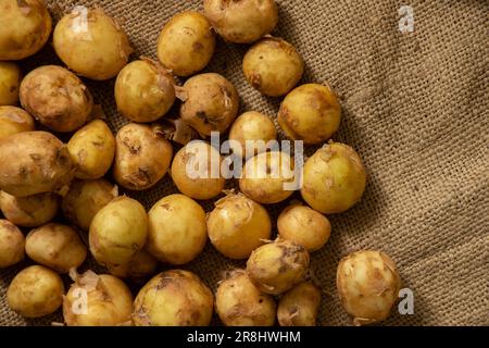 Junge rothaarige, geschälte Kartoffeln liegen aus der Nähe auf einem Holztisch Stockfoto