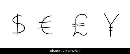 Kritzelnde Währung Geld Finanzen Symbole Euro, Dollar, Yen, Pfund Sammlung. Vektordarstellung in handgemachtem Cartoon-Doodle-Stil isoliert auf Whit Stock Vektor