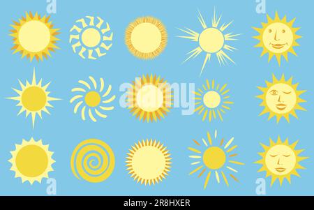 Sonnengelbe Sonnensymbole und Symbolsammlung auf blauem Hintergrund. Stock Vektor