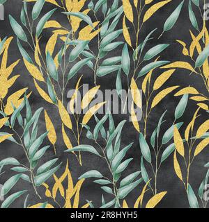 Grüne und goldene Blätter auf schwarzem, wasserfarbenem Hintergrund, nahtloses Muster Stockfoto