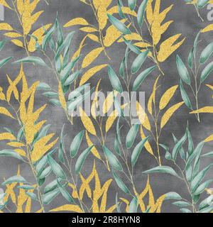 Grüne und goldene Blätter auf schwarzem, wasserfarbenem Hintergrund, nahtloses Muster Stockfoto