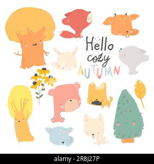 Cartoon-Herbstset mit Waldtieren und Bäumen Stock Vektor