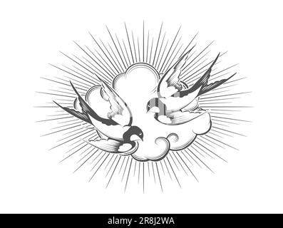 Zwei fliegende Schwalbenvögel in einem Himmelshand gezeichnetes Tattoo isoliert auf weißem Hintergrund. Vektordarstellung Stock Vektor