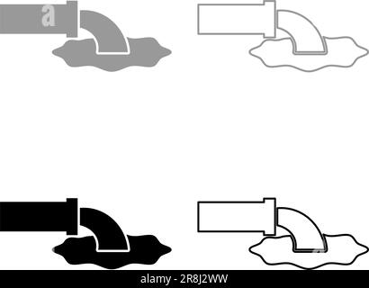 Abwasserflüssigkeit tritt aus dem Rohr mit der Wasserentwässerungsindustrie zum Abwasserkanal aus Konzept Reinigungsset Symbol grau schwarz Vektordarstellung Stock Vektor