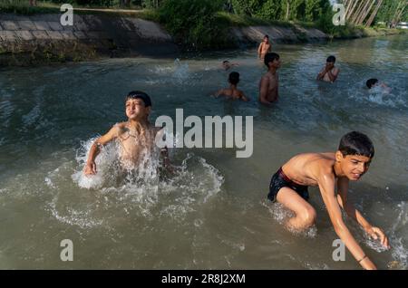 Pulwama, Indien. 21. Juni 2023. Kashmiri-Jungs sahen, wie sie an einem heißen Tag in Srinagar in einem Kanal badeten. Die Höchsttemperatur in Srinagar stieg auf 34,0°C und lag für die Saison 4,8°C über dem Normalwert. Die Temperatur von heute überstieg die vorige Höchsttemperatur von 33,3°C, die erst gestern verzeichnet wurde, sagte der Beamte. (Foto: Idrees Abbas/SOPA Images/Sipa USA) Guthaben: SIPA USA/Alamy Live News Stockfoto