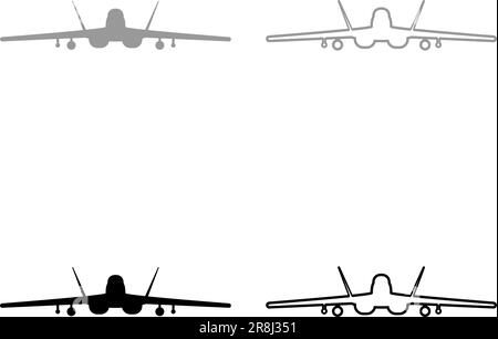 Düsenjäger Kampfflugzeug modernes Kampfflugzeug Kampfflugzeug Set Symbol grau schwarz Vektor Illustration Bild Einfache Füllung Konturlinie Stock Vektor