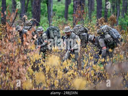 27. Mai 2023 - Hoffman, North Carolina, USA - Spezialeinsatzkandidaten für die USA Army John F. Kennedy Special Warfare Center and School Knie nieder, während sie in der letzten Phase des Feldtrainings, bekannt als Robin Sage, in der Mitte von North Carolina am 27. Mai 2023 durch ein bewaldetes Gebiet wandern. Robin Sage ist die Kulminationsübung für Soldaten im Qualifizierungskurs der Spezialkräfte und ist seit mehr als 50 Jahren der Lackmustest für Soldaten, die sich die Green Beret verdienen wollen. (Kreditbild: © K. Kassens/USA Army/ZUMA Press Wire Service) NUR FÜR REDAKTIONELLE ZWECKE! Nicht für gewerbliche VERWENDUNG Stockfoto