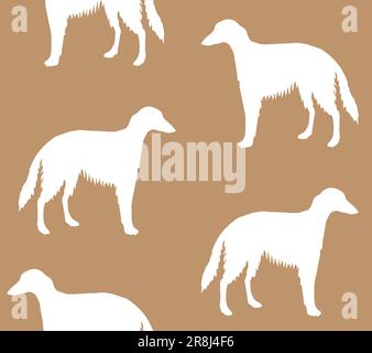 Vektornahtloses Muster einer handgezeichneten russischen Borzoi-Hundesilhouette, isoliert auf braunem Hintergrund Stock Vektor