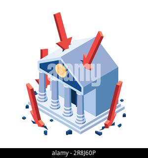 Flache 3D-mm-Isometrische Bank mit fallendem Pfeil. Bankenkrisenkonzept. Stock Vektor