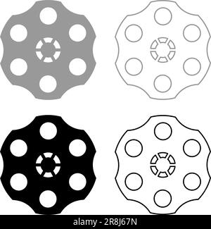 Die Trommel des Revolverset-Symbols grau schwarz Vektordarstellung einfaches, durchgehendes Konturlinienbild dünne, flache Form Stock Vektor