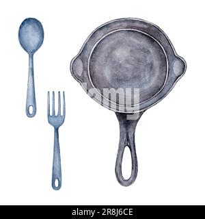 Tischgeschirr aus Metall zum Essen im Freien, für Reisen. Ein Set aus Artikeln aus einem Löffel, einer Gabel und einer Bratpfanne. Aquarelldarstellung Stockfoto