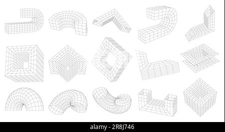 Vektor abstrakte 3D-Formen für seltsame geometrische Drahtmodelle. Perspektivisch verzerrtes Raster, 3D Technology Mesh. Satz verschiedener linearer Elemente inspiriert von br Stock Vektor