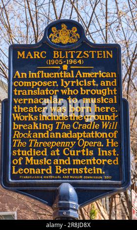 Marc Blitzstein, US-amerikanischer Komponist, historischer Marker in Philadelphia PA Stockfoto