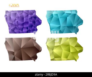 Satz von polygonalen Vektorkarten von Iowa. Helle Verlaufskarte des US-Bundesstaates in flacher Poly-Form. Stock Vektor
