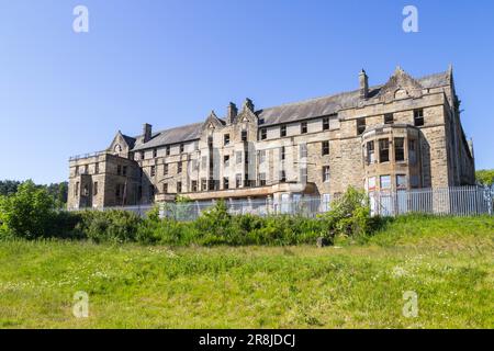 Hartwood Hospital, verlassene psychiatrische Anstalt, Pflegeheim. Verfall des Pflegeheims im Baronial-Stil, Lanarkshire, Schottland Stockfoto