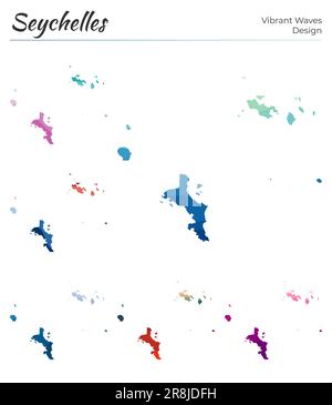 Vektorkarten der Seychellen. Leuchtendes Wellendesign. Helle Karte der Insel in Form von geometrischen glatten Kurven. Mehrfarbige Seychellen-Karte für Ihre Stock Vektor