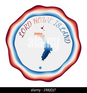 Lord-Howe-Insel-Abzeichen. Karte der Insel mit wunderschönen geometrischen Wellen und leuchtend rotem blauem Rahmen. Leuchtendes, rundes Lord-Howe-Logo. Vektordarstellung. Stock Vektor