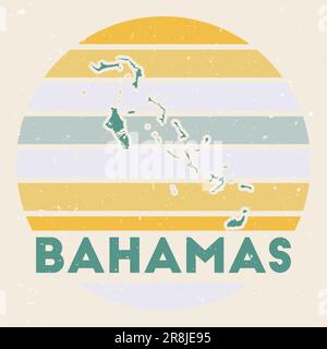 Bahamas-Logo. Mit Landkarte, farbigen Streifen und Vektorzeichnung unterschreiben. Kann als Abzeichen, Logo, Label, Aufkleber oder Abzeichen des verwendet werden Stock Vektor