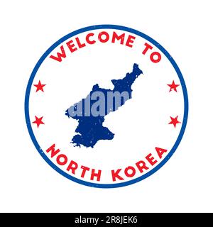 Willkommen bei Nordkorea STAMP. Grunge-Country-Rundstempel mit Textur im Blutspender-Farbthema. Geometrisches Nordkorea-Siegel im Vintage-Stil. Stock Vektor