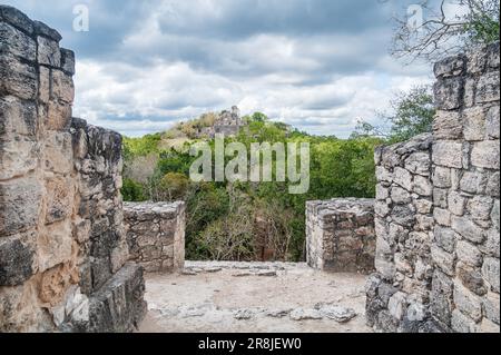 Maya-Tempel in der archäologischen Stätte von Calakmul, mitten im Dschungel, im Staat Campeche, Mexiko Stockfoto