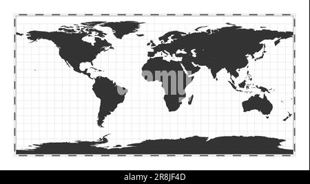 Vector-Weltkarte. Rechteckige (Platte Carree) Projektion. Geografische Karte mit Breiten- und Längengraden. Zentriert auf 0deg m Länge Stock Vektor