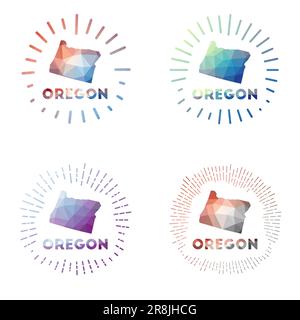 Oregon Low Poly Sunburst Set. Logo des US-Bundesstaates im geometrischen polygonalen Stil. Vektorabbildung. Stock Vektor