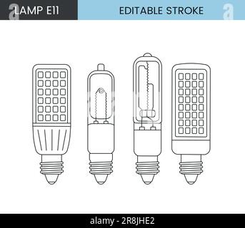 Satz von Vektorlinien-Symbolen, die Lampen mit E11-Basis darstellen Stock Vektor
