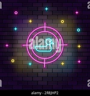 Zielperson schießt Neon an der Wand. Dunkler Hintergrund, Ziegelwand, Neonsymbol Stock Vektor