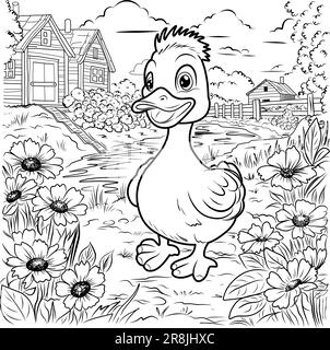 FARBBLATT Ente. Entlein niedliche, lustige Figur, lineare Illustration, Kinder zum Ausmalen. Vogelfarm. Stock Vektor